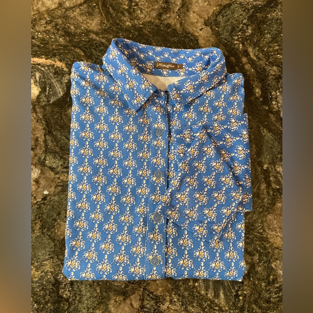 J. McLaughlin EUC Catalina Cloth Blue/Yellow Pineapple Button Popover Shirt Sz S - Picture 5 of 16